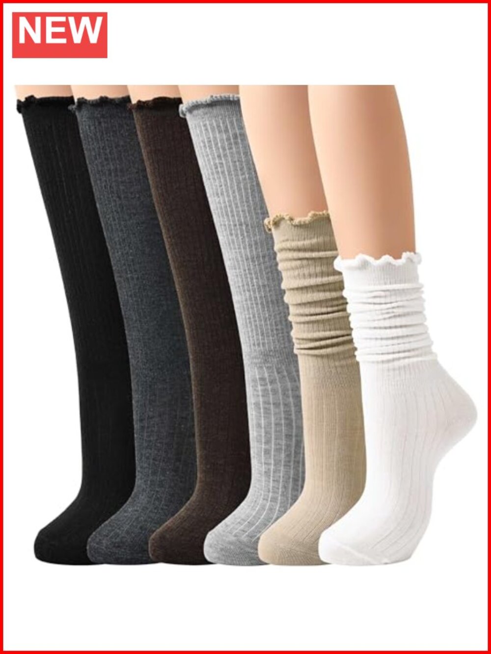 Ruffle Knee High Slouch Boot Socks 6 Pairs Cotton Blend Lightweight
